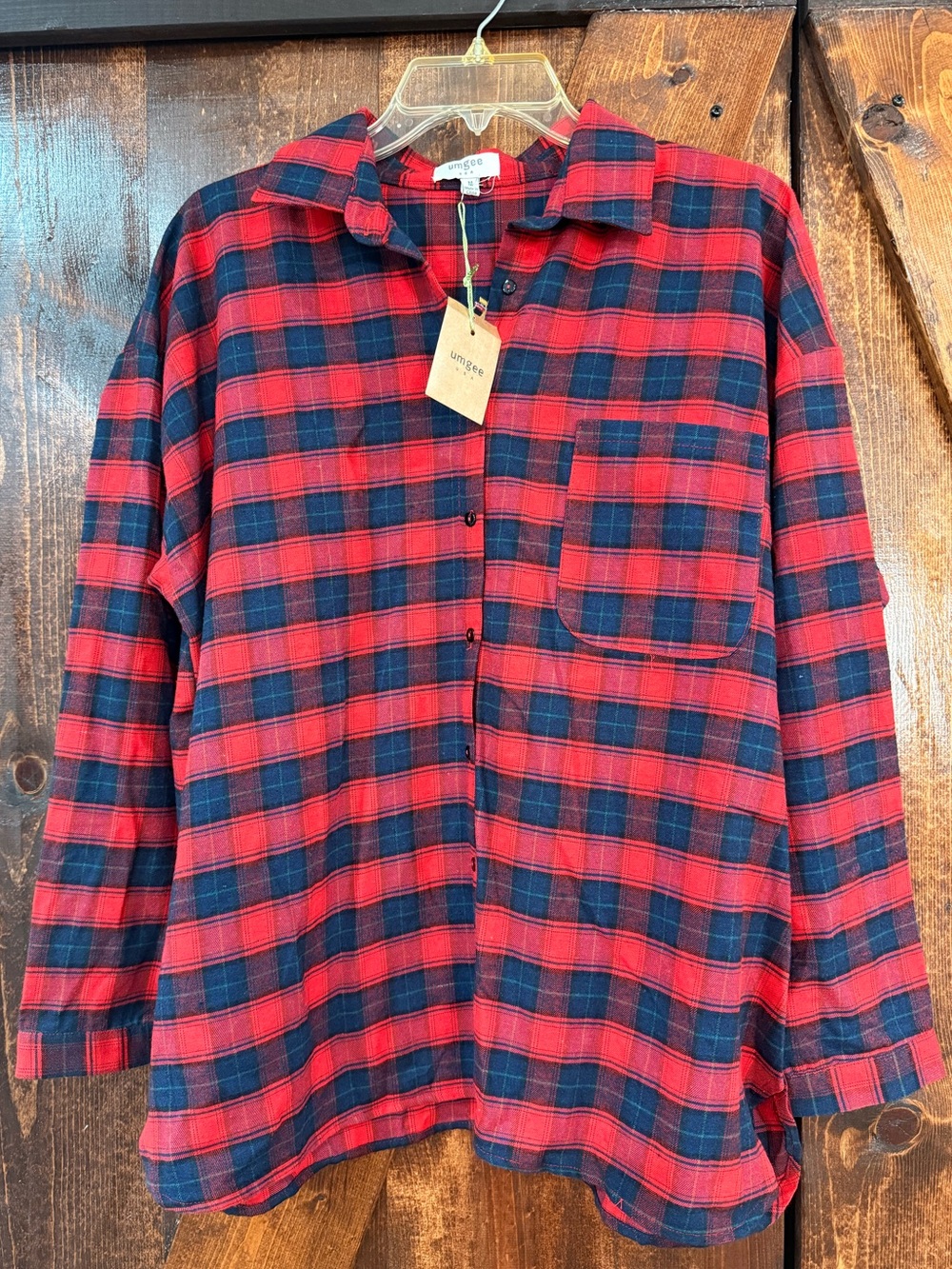 Umgee Red & Navy Plaid Button-Front Women's Cardigan Shirt